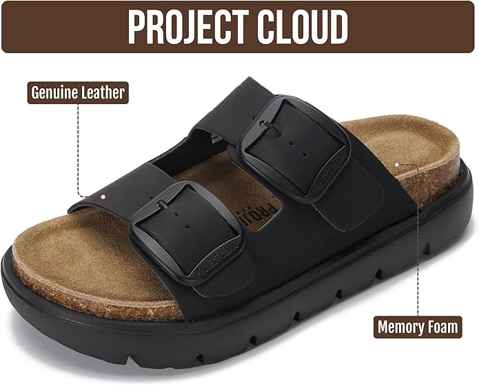 Project Cloud 100% Genuine Leather Platform Sandals Women Footwear - Wedge Chunky Slides for Women 2026 with Memory Foam Insole & Cork Footbed Womens Sandals (GreeceChunky)