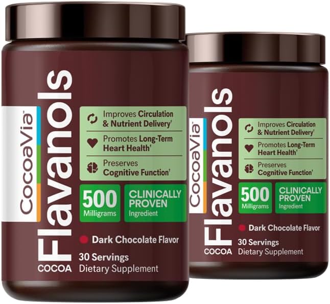 CocoaVia Cocoa Flavanols 500mg – Heart and Brain Support, High Flavanol Cocoa Extract, Boosts Nitric Oxide, Blood Circulation and Memory, Preworkout, Vegan, Gluten-Free, Dark Chocolate, 60-Day