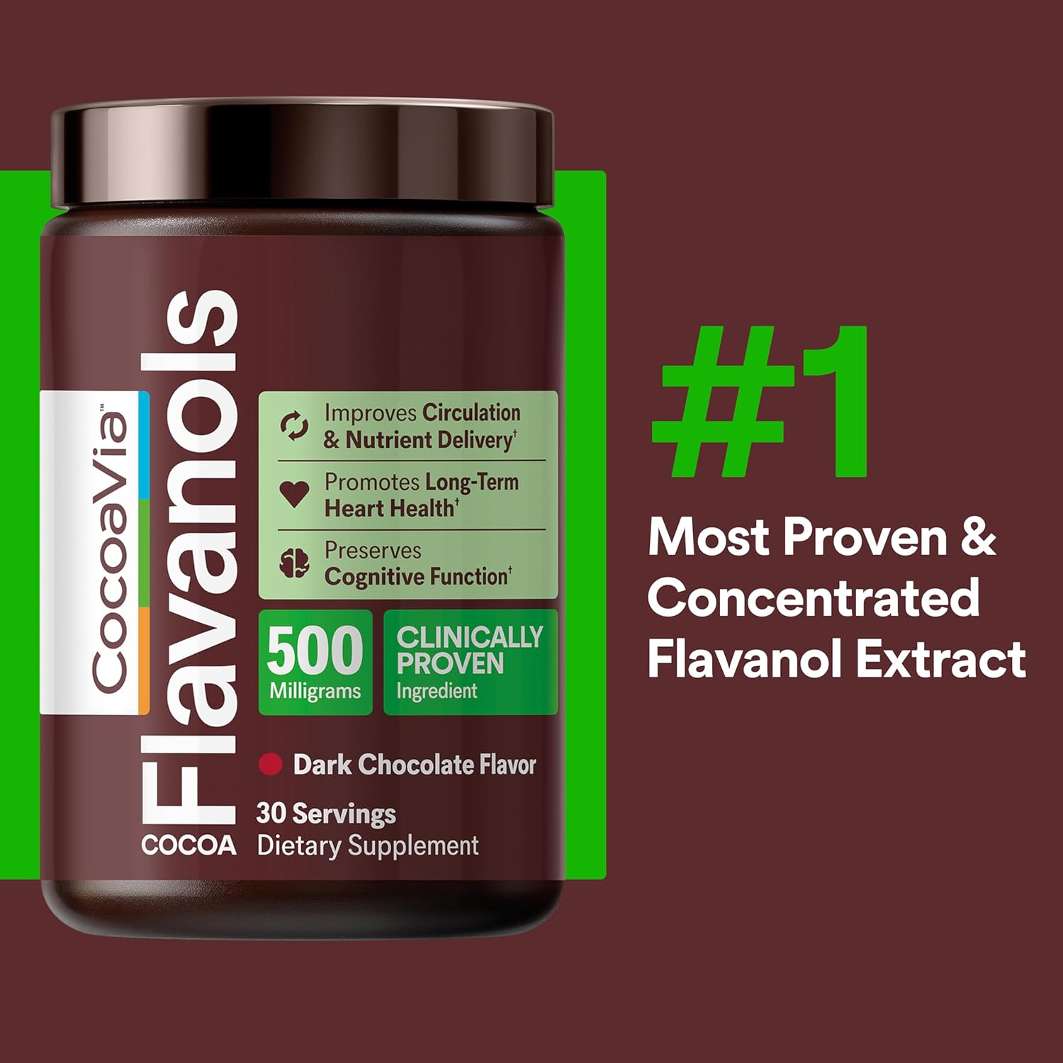 CocoaVia Cocoa Flavanols 500mg – Heart and Brain Support, High Flavanol Cocoa Extract, Boosts Nitric Oxide, Blood Circulation and Memory, Preworkout, Vegan, Gluten-Free, Dark Chocolate, 60-Day