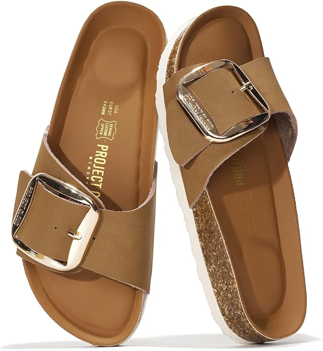 Project Cloud 100% Genuine Leather Sandals Women Dressy Beach Essentials Slides for Women Footwear-Lightweight with Memory Foam Insole Sandals for Women 2026-Womens Slides (Mykonos Cognac 8)