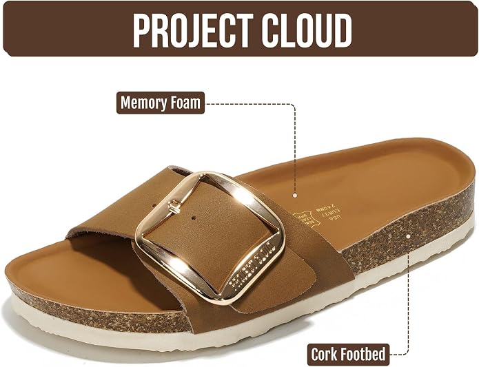 Project Cloud 100% Genuine Leather Sandals Women Dressy Beach Essentials Slides for Women Footwear-Lightweight with Memory Foam Insole Sandals for Women 2026-Womens Slides (Mykonos Cognac 8)