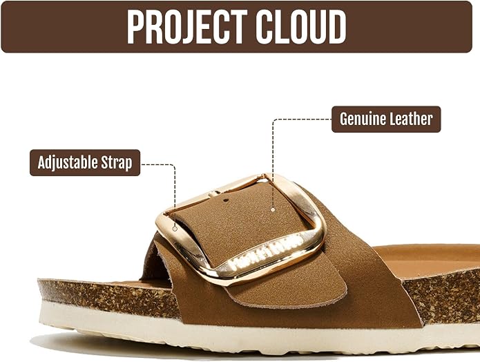 Project Cloud 100% Genuine Leather Sandals Women Dressy Beach Essentials Slides for Women Footwear-Lightweight with Memory Foam Insole Sandals for Women 2026-Womens Slides (Mykonos Cognac 8)