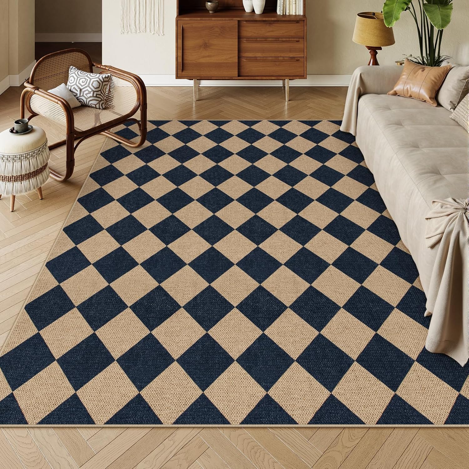 Lahome Colette Checkered Easy Jute Outdoor Rug Large 6x9 Rug for Living Room Checkerboard Indoor Outdoor Carpet Farmhouse Patio Office Mat Geometric Non Slip Black Carpet for Backyard Dining Room