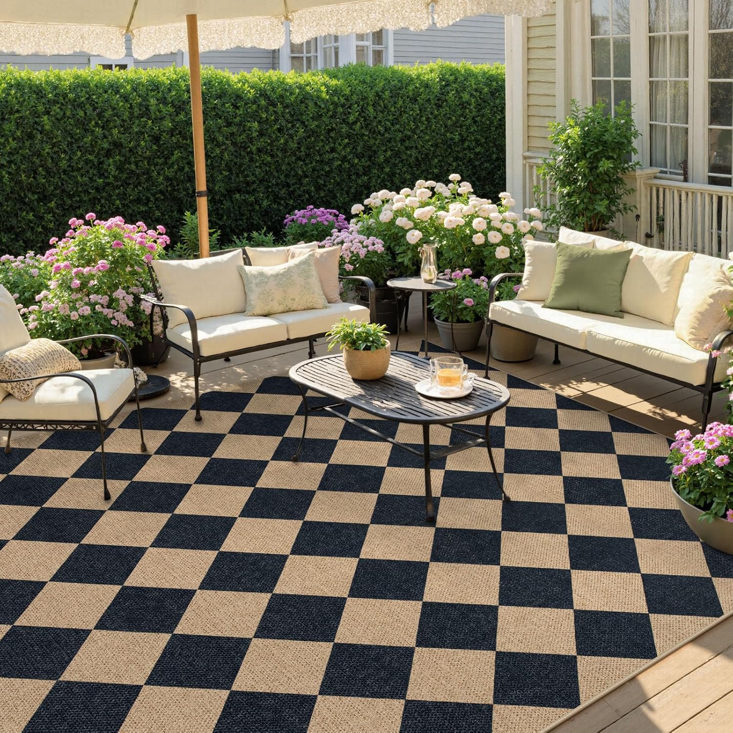 Lahome Colette Checkered Easy Jute Outdoor Rug Large 6x9 Rug for Living Room Checkerboard Indoor Outdoor Carpet Farmhouse Patio Office Mat Geometric Non Slip Black Carpet for Backyard Dining Room