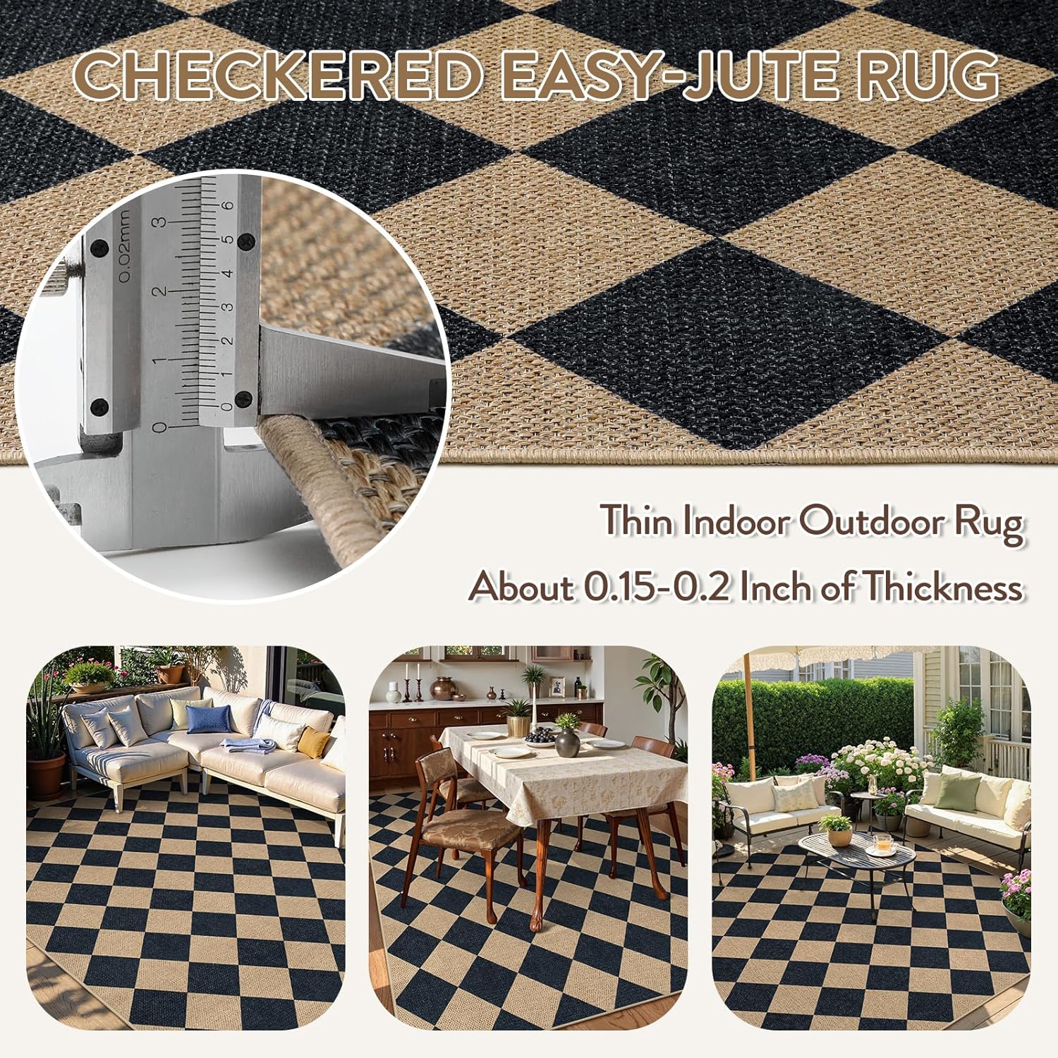 Lahome Colette Checkered Easy Jute Outdoor Rug Large 6x9 Rug for Living Room Checkerboard Indoor Outdoor Carpet Farmhouse Patio Office Mat Geometric Non Slip Black Carpet for Backyard Dining Room