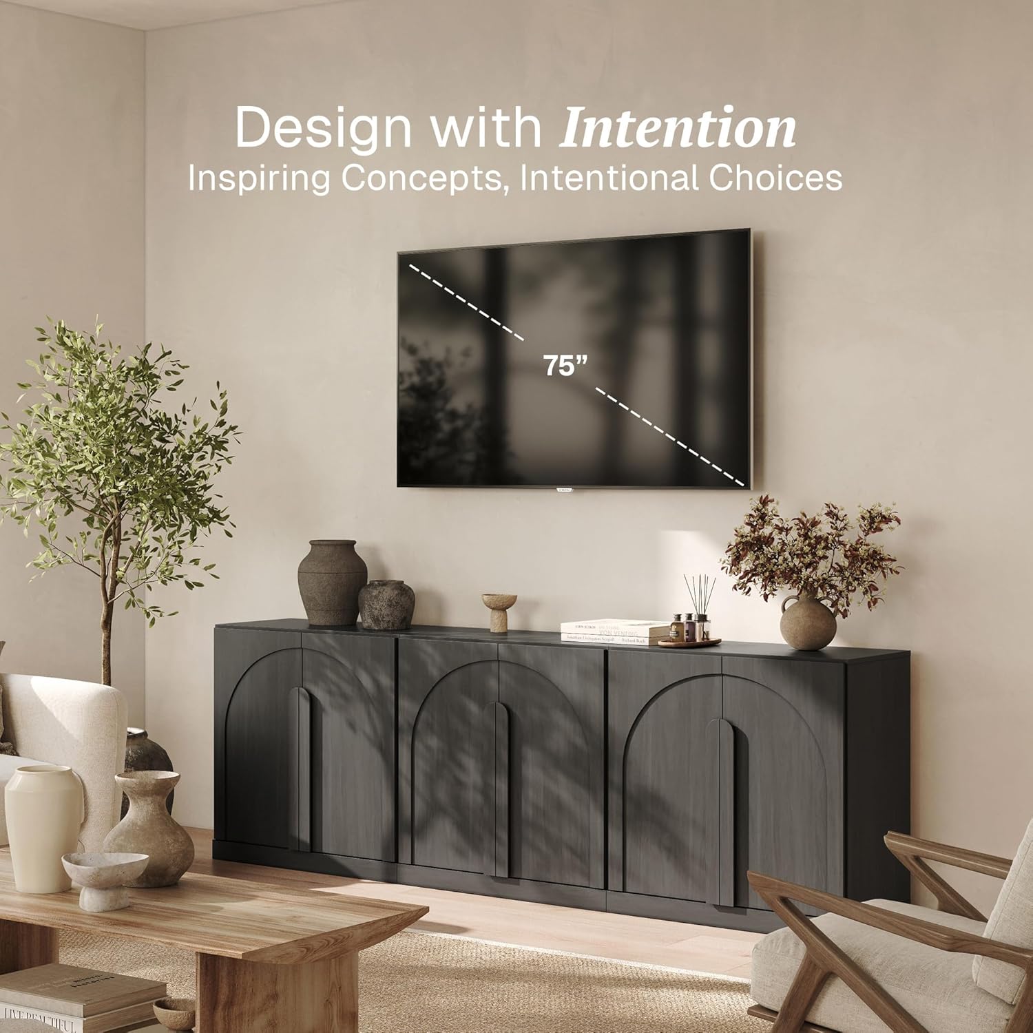BELLEZE Bijou Modular Media Console Wall Unit (94.5" Wide)-Extra Long Entertainment Center & Storage System-Arched Door Sideboard for Living Room & Office-Hides All Clutter Ebony