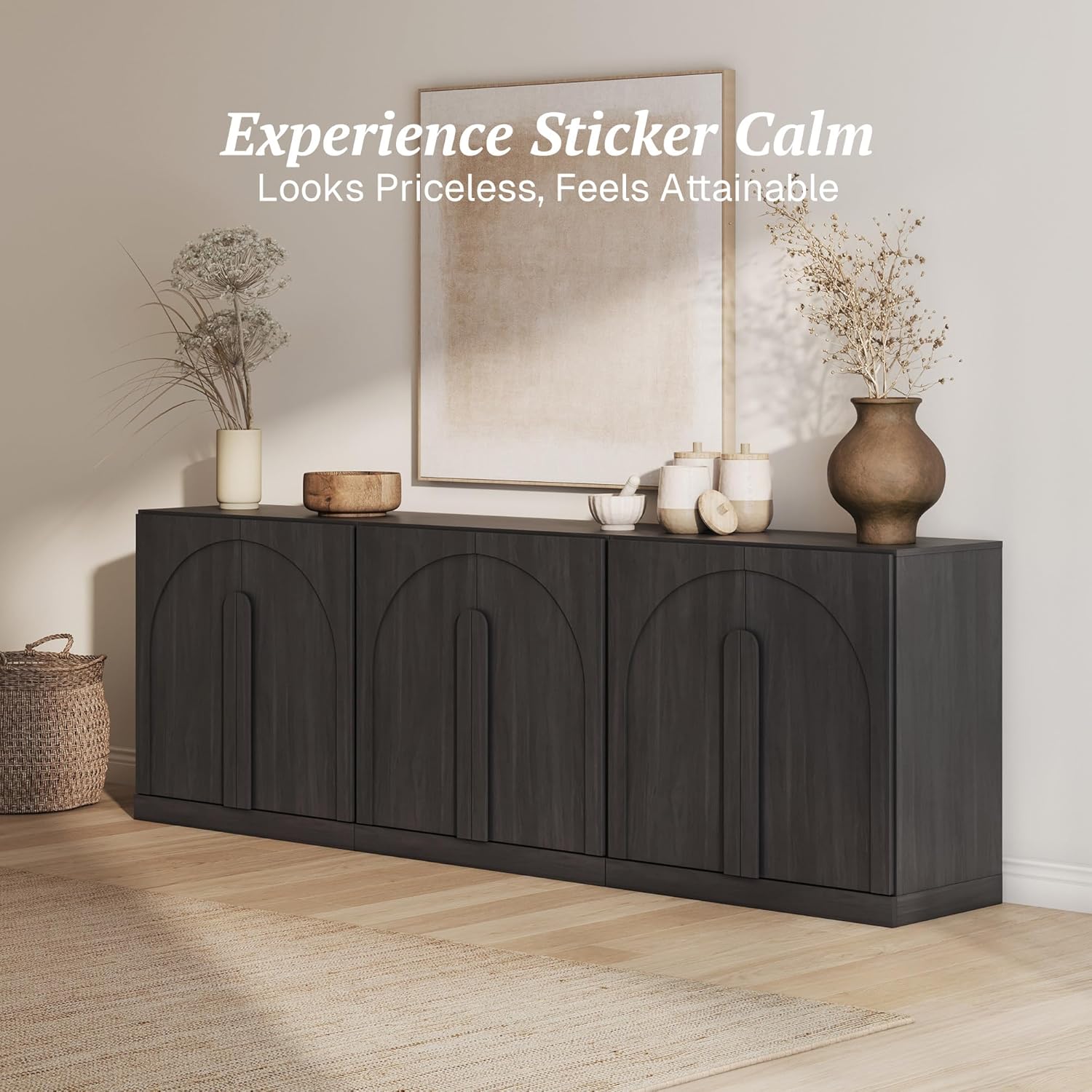BELLEZE Bijou Modular Media Console Wall Unit (94.5" Wide)-Extra Long Entertainment Center & Storage System-Arched Door Sideboard for Living Room & Office-Hides All Clutter Ebony