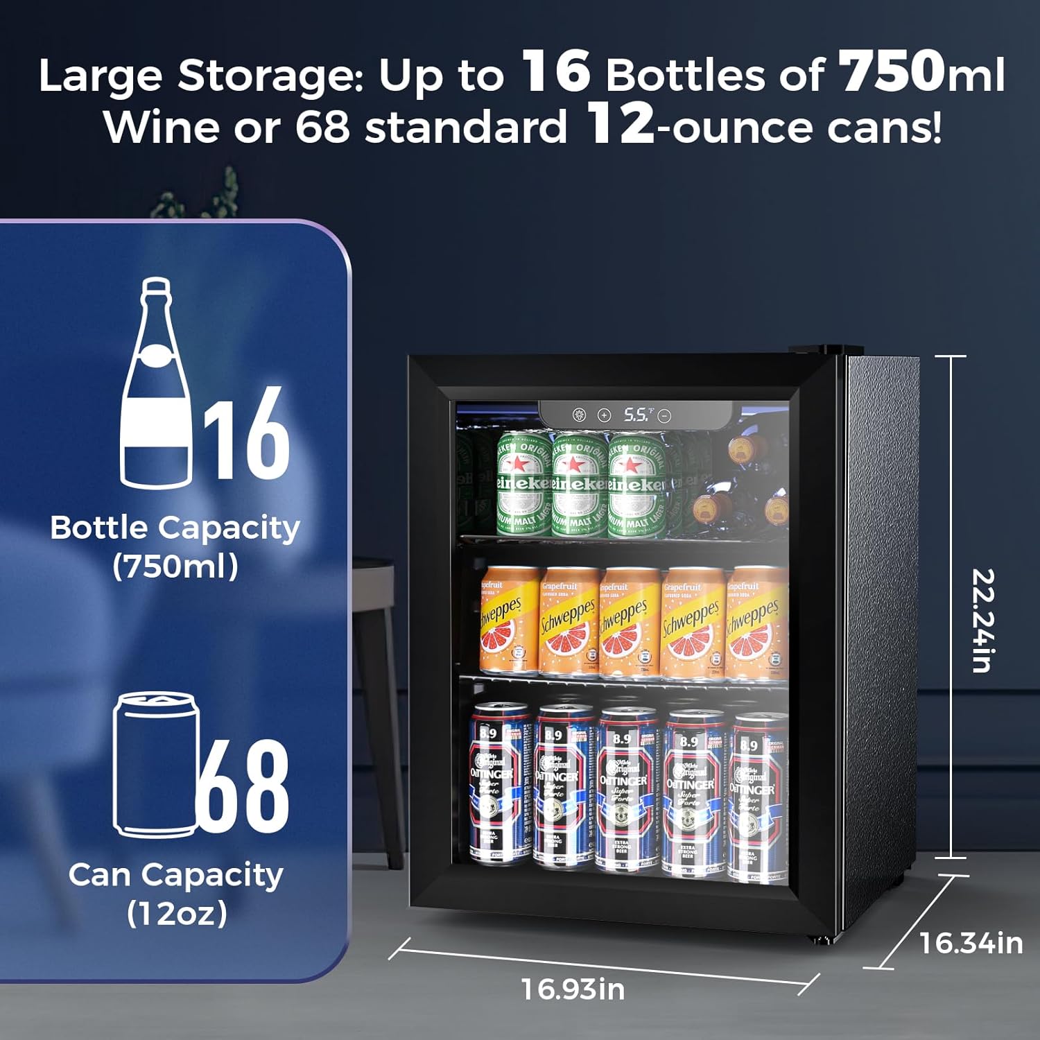 Electactic 68 Cans Beverage Refrigerator Cooler 1.7 cu.ft Mini Fridge Glass Door Drink Cooler for Beer Soda Wine Digital Temperature Control for Home Office Bar