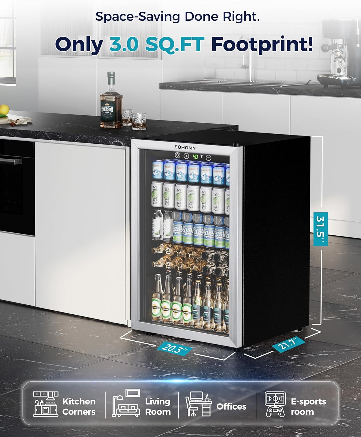 EUHOMY 4.5 Cu.ft Beverage Refrigerator and Cooler 145 Can Mini fridge with Glass Door for Soda Beer Wine Small Drink Dispenser with Digital Adjustable Thermostat for Home Office Bar