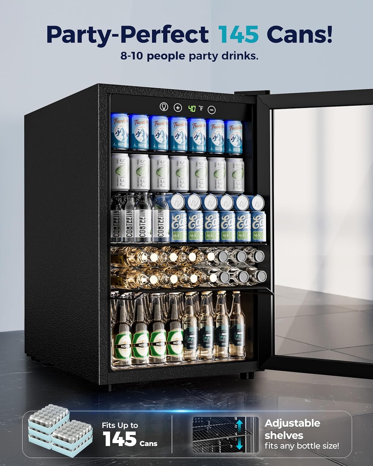EUHOMY 4.5 Cu.ft Beverage Refrigerator and Cooler 145 Can Mini fridge with Glass Door for Soda Beer Wine Small Drink Dispenser with Digital Adjustable Thermostat for Home Office Bar