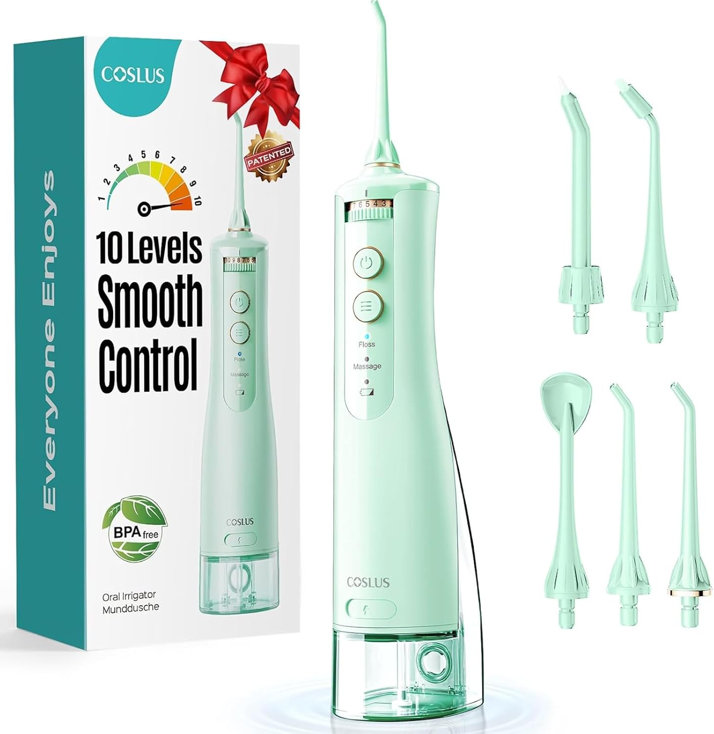 COSLUS ADA Accepted E40 Water Dental Flosser, 10 Pressure Levels, Green Pro