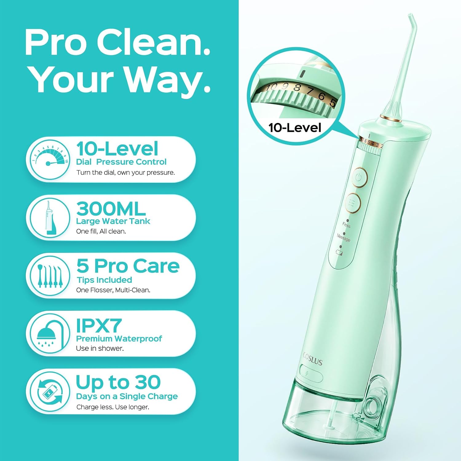 COSLUS ADA Accepted E40 Water Dental Flosser, 10 Pressure Levels, Green Pro