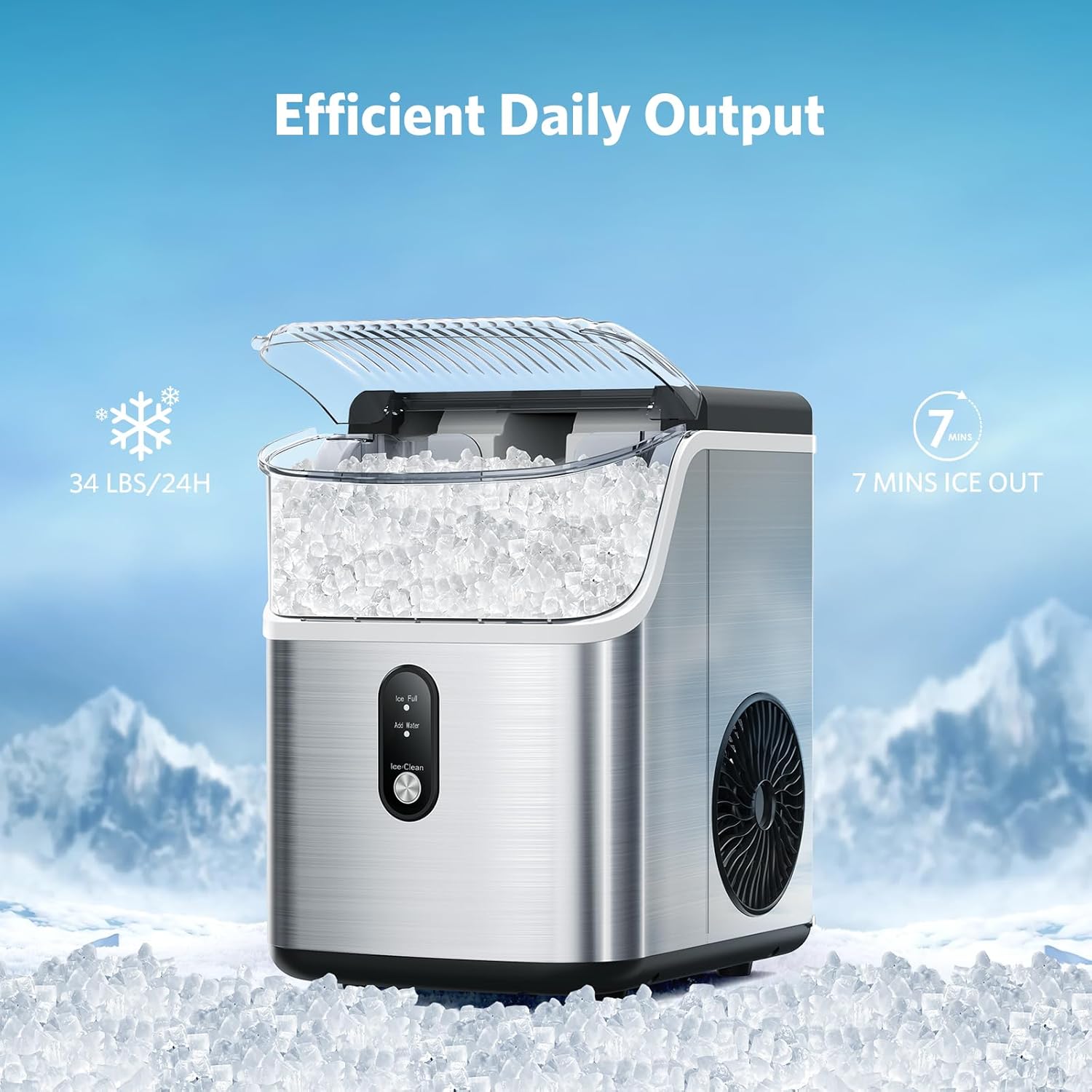 COWSAR Nugget Ice Makers Countertop Soft Chewable Pellet Ice Machine with Auto-Cleaning Function, 34Lbs/24H, Portable Ice Makers for Kitchen, Office, Home,Silver