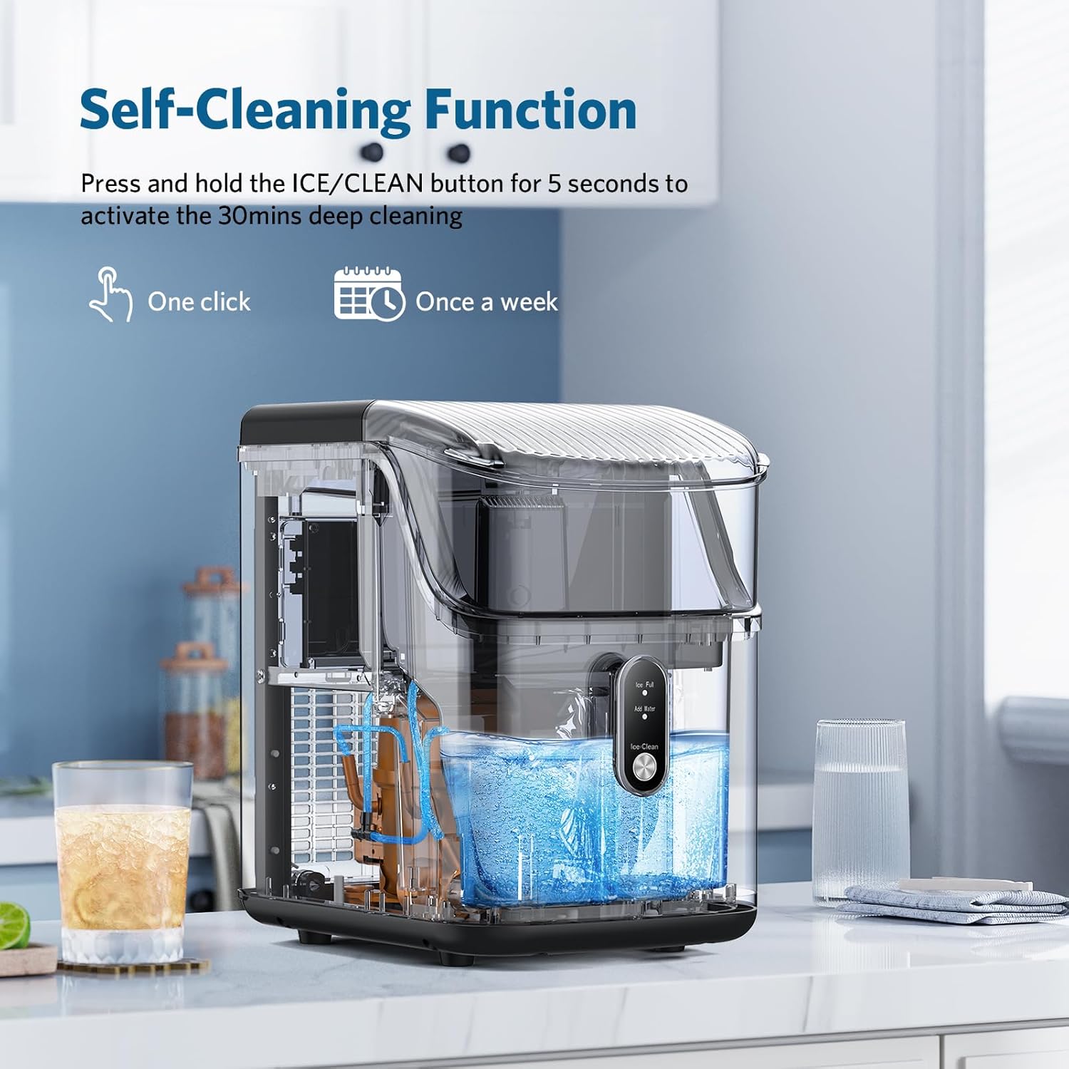 COWSAR Nugget Ice Makers Countertop Soft Chewable Pellet Ice Machine with Auto-Cleaning Function, 34Lbs/24H, Portable Ice Makers for Kitchen, Office, Home,Silver