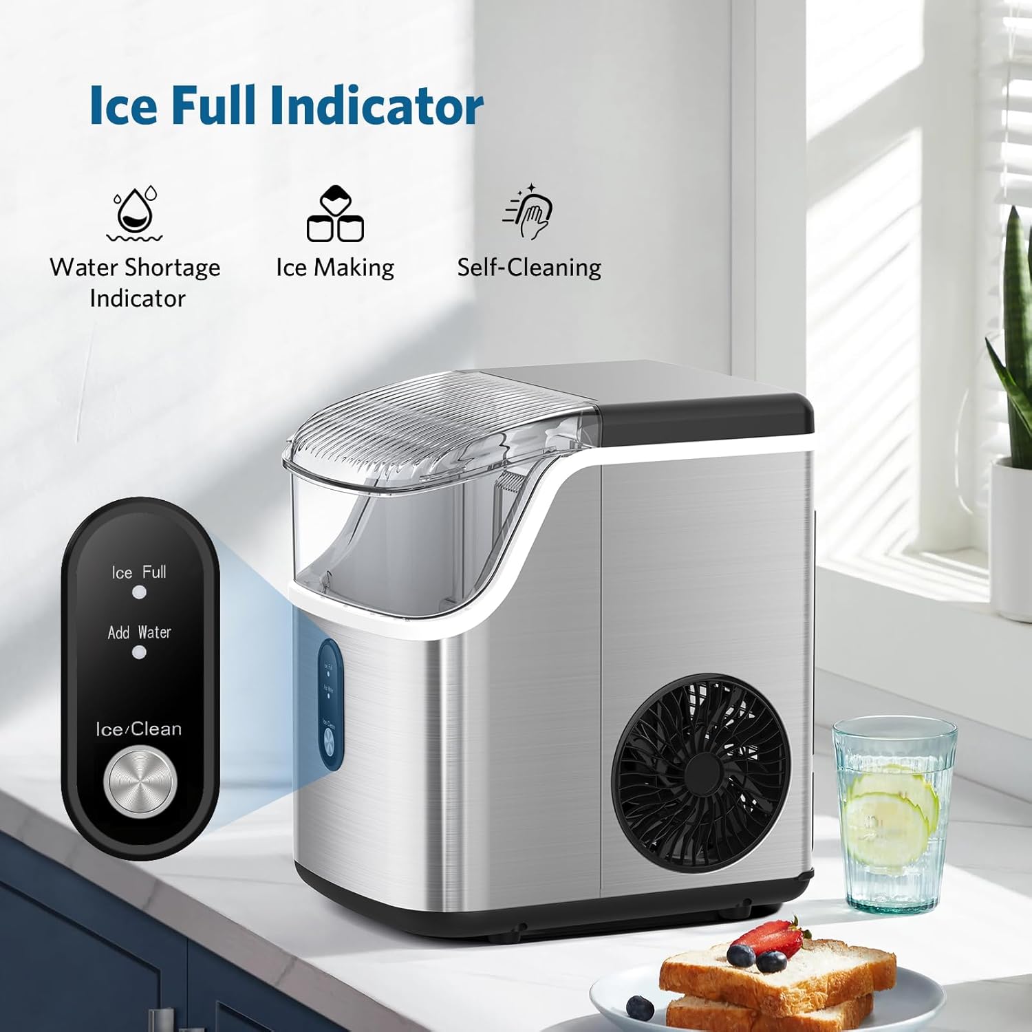 COWSAR Nugget Ice Makers Countertop Soft Chewable Pellet Ice Machine with Auto-Cleaning Function, 34Lbs/24H, Portable Ice Makers for Kitchen, Office, Home,Silver