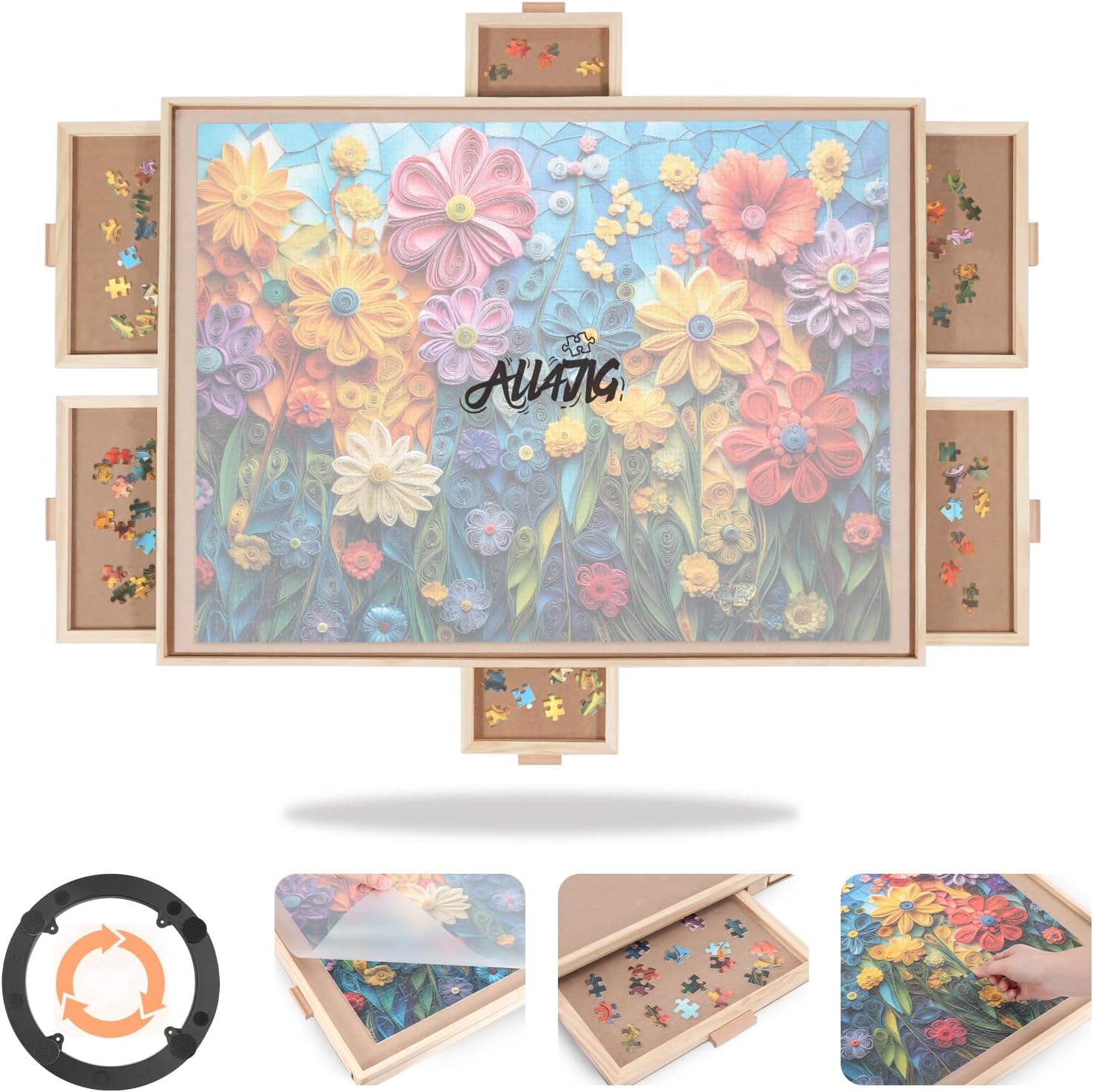 ALL4JIG 1500 Pieces Rotating Puzzle Board with 6 Drawers and Cover 24.92"x33.58"Portable Wooden Jigsaw Puzzle Table for Adults Lazy Susan Spinning Puzzle Boards Gift for mom Surface for Lego Building