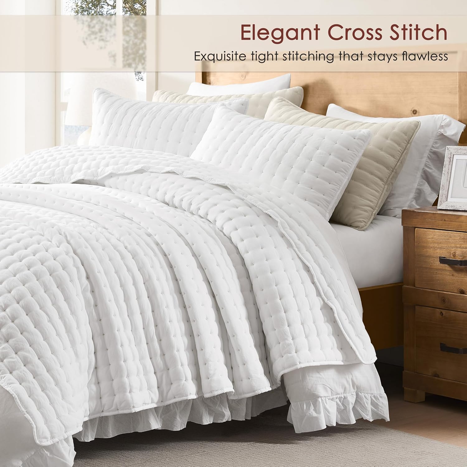 WDCOZY White California Cal King Size Quilt Bedding Sets with Pillow Shams Oversized Lightweight Soft Bedspread Coverlet Quilted Blanket Thin Comforter Bed Cover 3 Pieces 116x106 inches