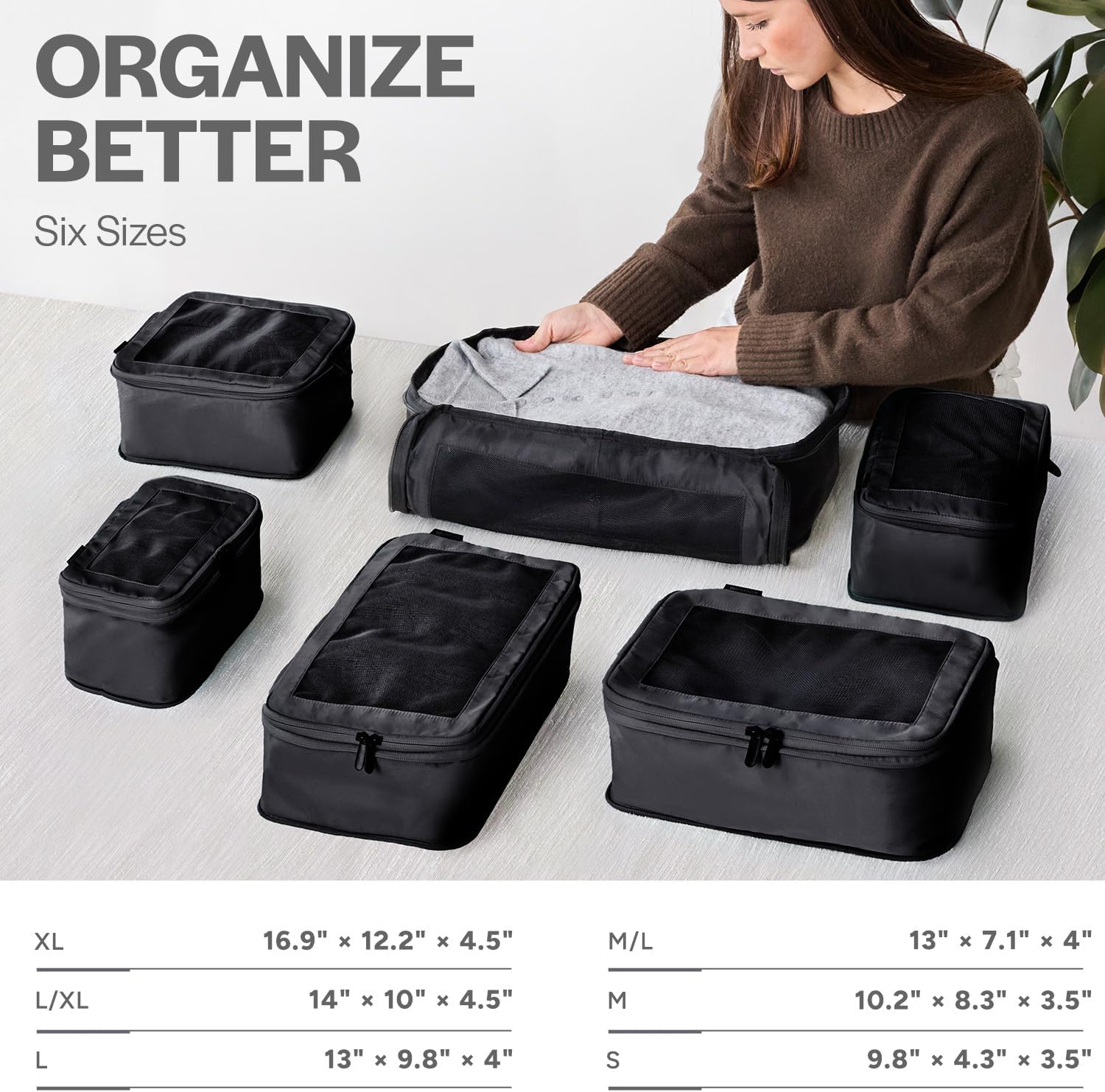 Aerotrunk Compression Packing Cubes for Travel - Luggage Organizer Bags - Double Zipper Packing Cubes for Suitcases (6-Pack Black)