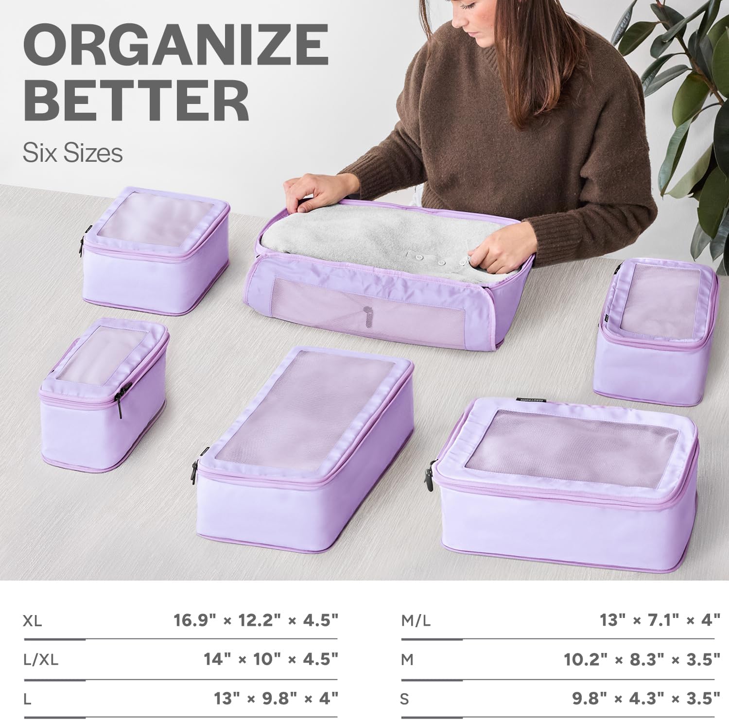 Aerotrunk Compression Packing Cubes for Travel - Luggage Organizer Bags - Double Zipper Packing Cubes for Suitcases (6-Pack Purple)