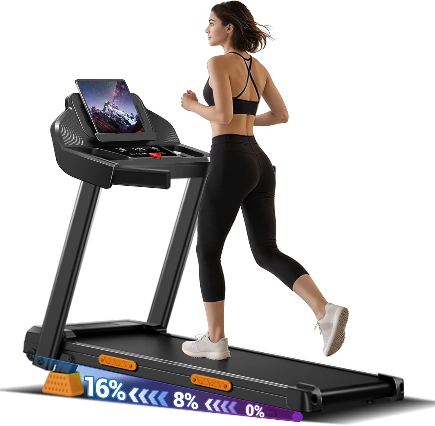 CURSOR FITNESS 16% Incline Treadmills for Home Small with 3 LED Displays 3.0HP Foldable Walking Pad Treadmill Up to 400LBS Capacity Portable Treadmill 0.6-7.0MPH Deep Black