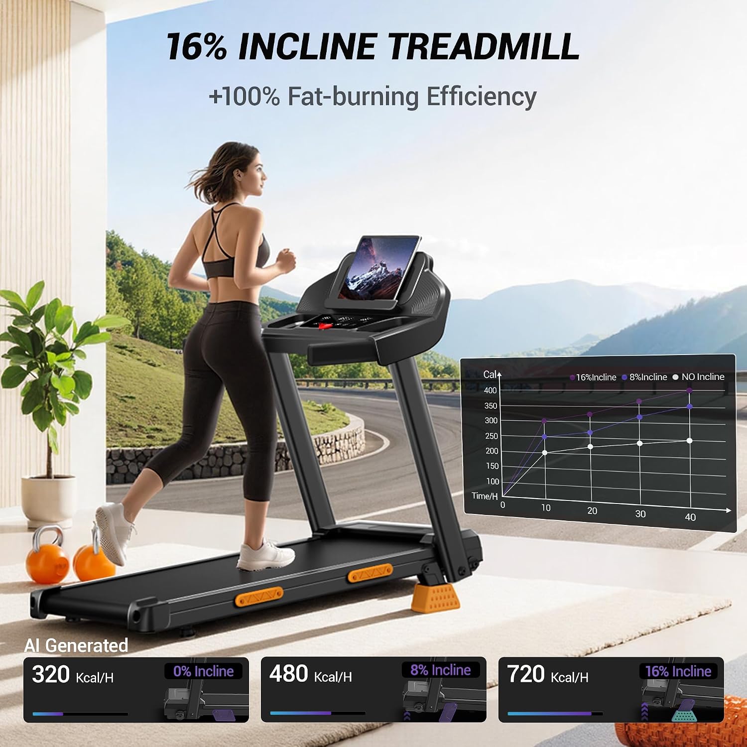 CURSOR FITNESS 16% Incline Treadmills for Home Small with 3 LED Displays 3.0HP Foldable Walking Pad Treadmill Up to 400LBS Capacity Portable Treadmill 0.6-7.0MPH Deep Black
