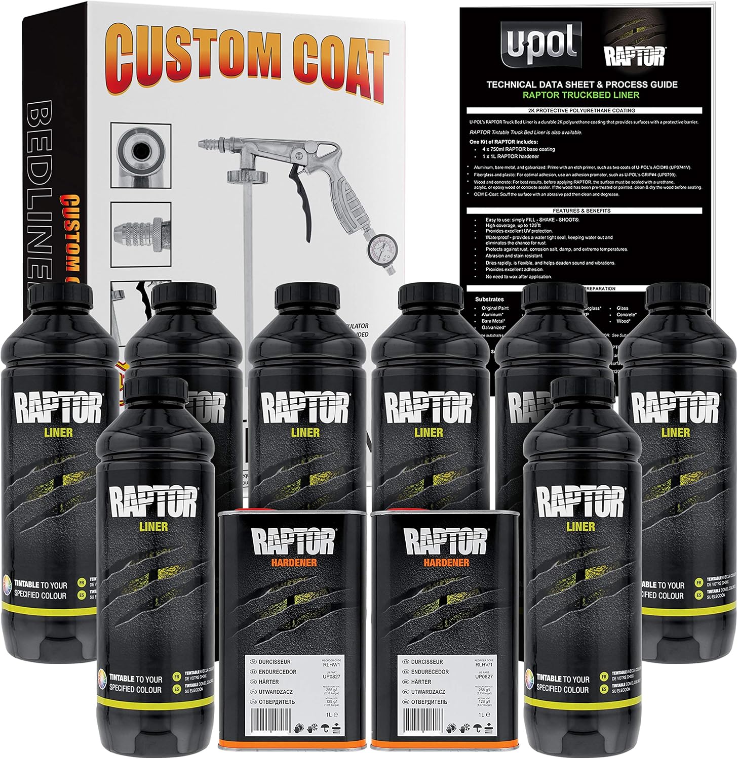 CUSTOM SHOP U-Pol Raptor Tintable Urethane Spray-On Truck Bed Liner Kit and Custom Coat Spray Gun with Regulator, 8 Quart Kit