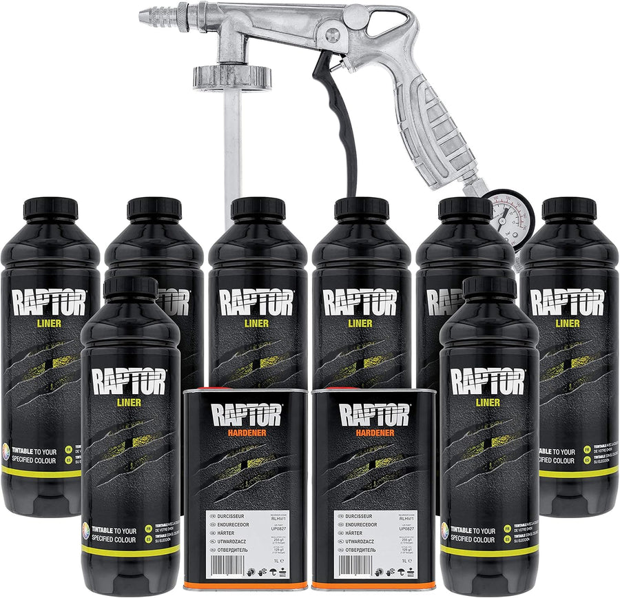 CUSTOM SHOP U-Pol Raptor Tintable Urethane Spray-On Truck Bed Liner Kit and Custom Coat Spray Gun with Regulator, 8 Quart Kit