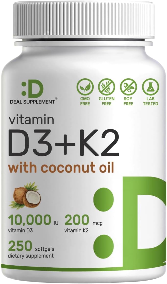 DEAL SUPPLEMENT Vitamin D3 10 000 IU + K2 MK7 200mcg Softgels 250 Count | 2-in-1 Complex with Virgin Coconut Oil | Easy to Swallow