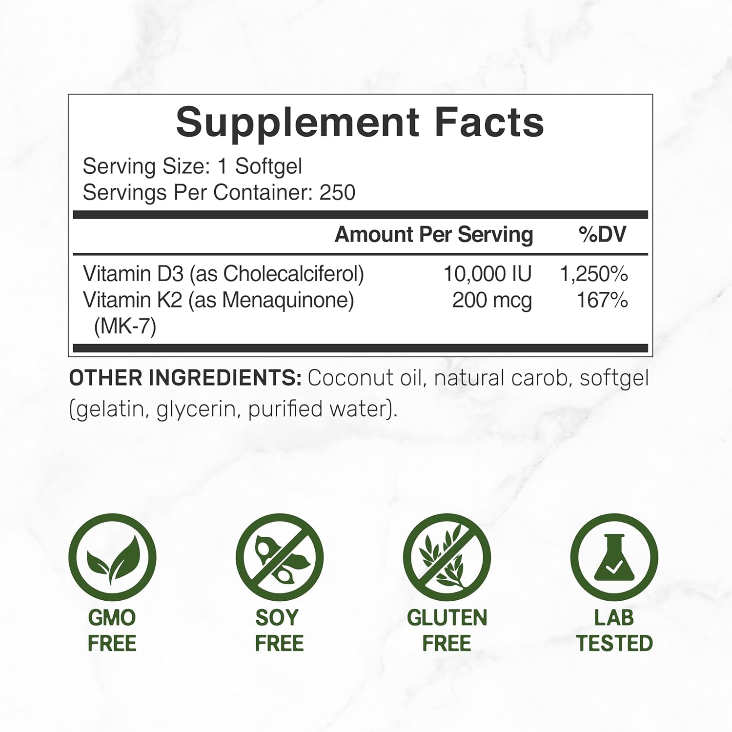 DEAL SUPPLEMENT Vitamin D3 10 000 IU + K2 MK7 200mcg Softgels 250 Count | 2-in-1 Complex with Virgin Coconut Oil | Easy to Swallow