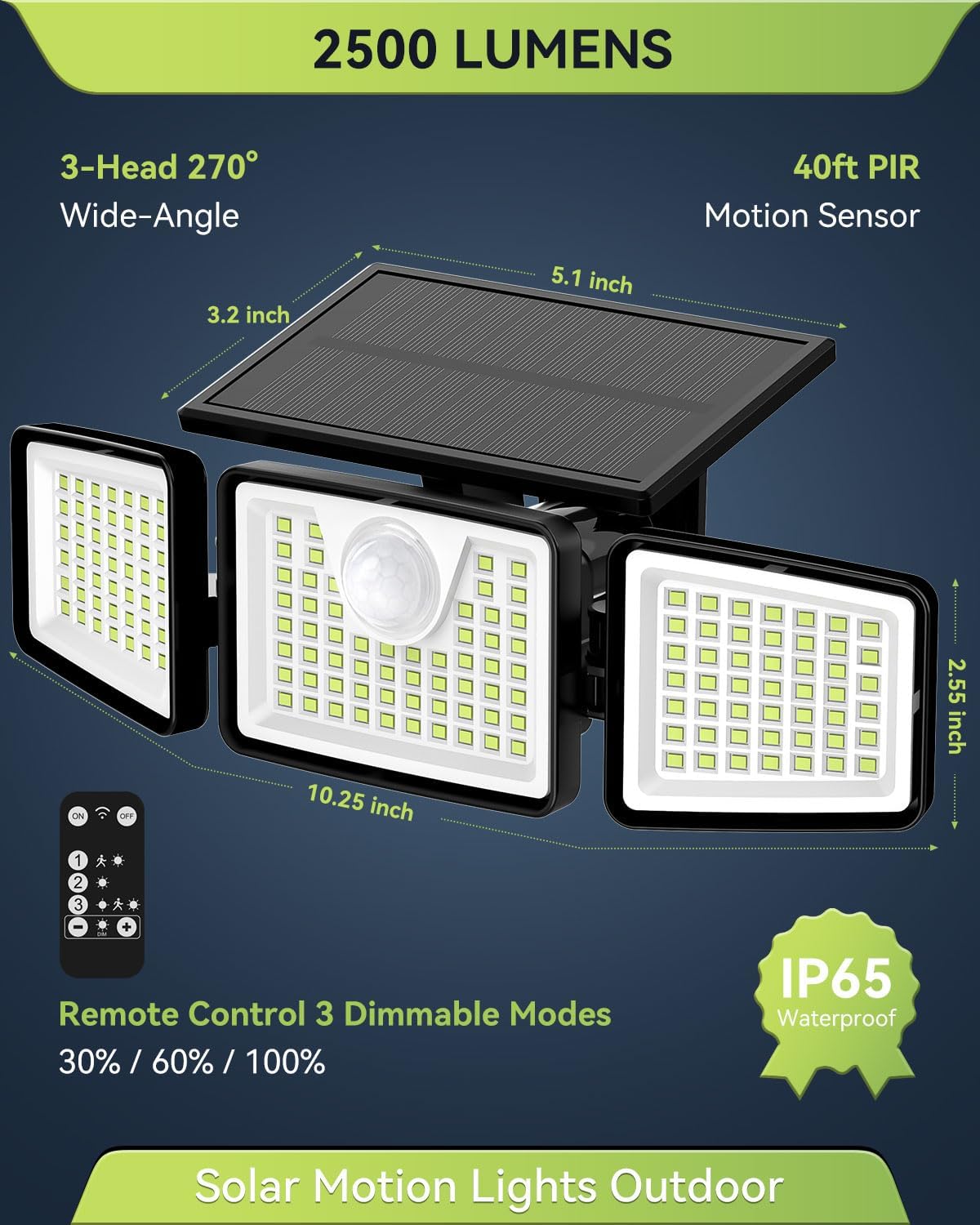 daphino 2500LM Solar Lights Outdoor with Motion Sensor 3 Head 270¬∞ Wide Angle Street Area Lights IP65 Waterproof Security Lighting with 3 Modes(Remote 4 Pcs)