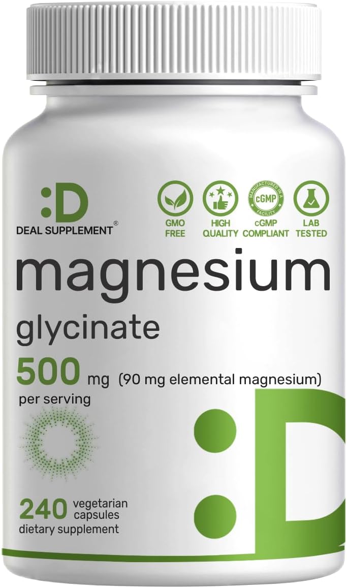 Deal Supplement Magnesium Glycinate 500mg 240 Veggie Capsules | 100% Chelated for Easy Absorption | Essential Mineral Supplement | Non-GMO Gluten-Free