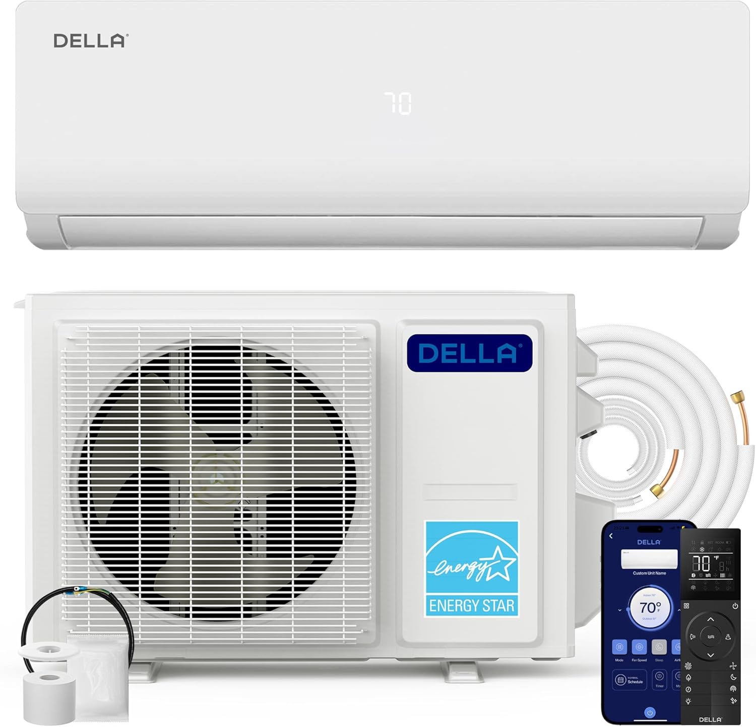 DELLA Vario Series 9000 BTU Mini Split Air Conditioner Work with Alexa and Wifi 20 SEER2 Energy Star 0.75 Ton Cools Up to 400 Sq.Ft Ductless Inverter System Heat Pump Pre-Charged 16.4ft Kits