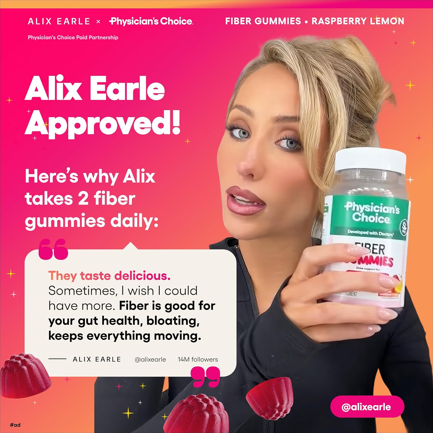 Physician's CHOICE Fiber Gummies for GLP-1 Support - No Sugar Added & Vegan - Raspberry Lemon - Natural Chicory Root Prebiotic Fiber Gummy - Digestive Health & Regularity for Women & Men - 60CT