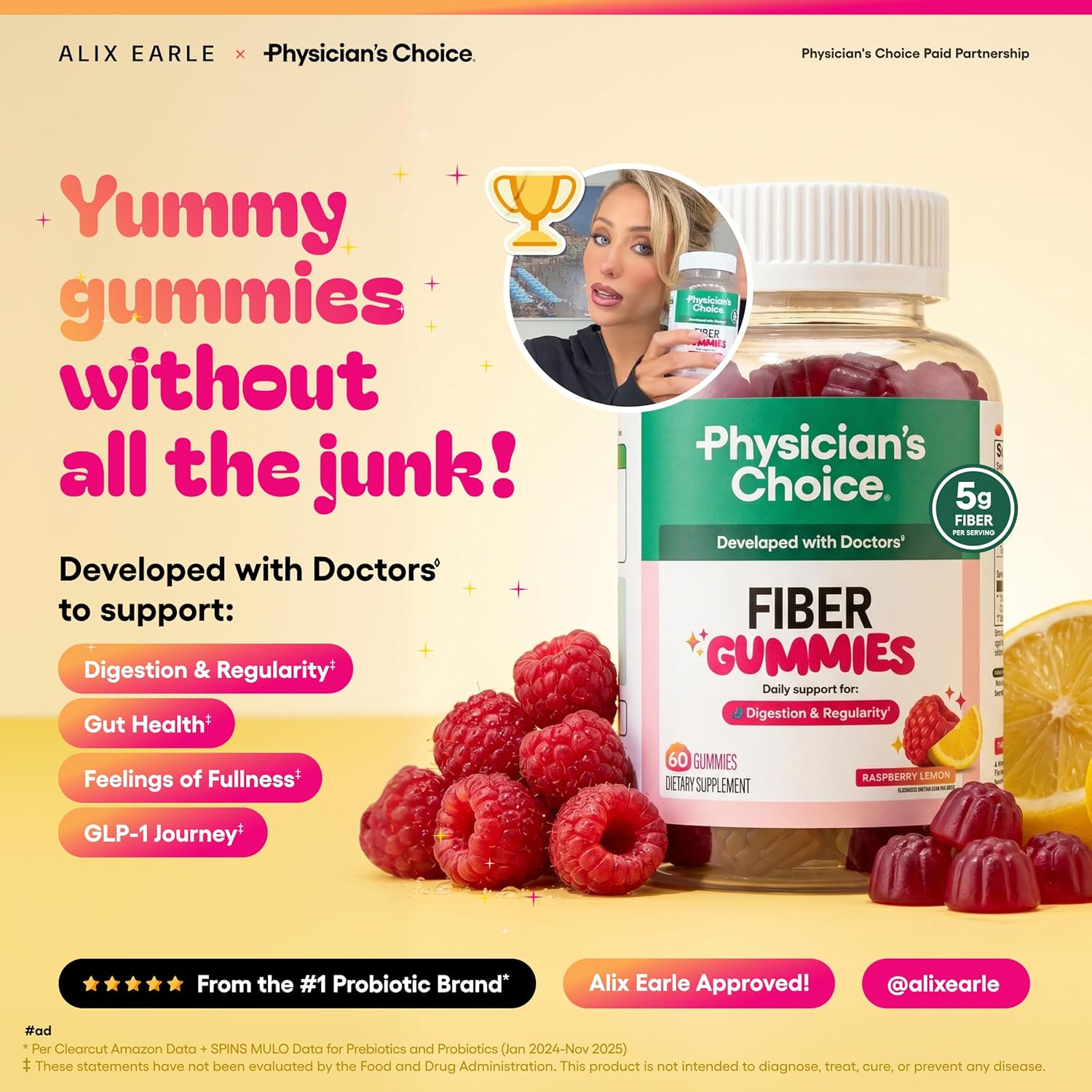 Physician's CHOICE Fiber Gummies for GLP-1 Support - No Sugar Added & Vegan - Raspberry Lemon - Natural Chicory Root Prebiotic Fiber Gummy - Digestive Health & Regularity for Women & Men - 60CT