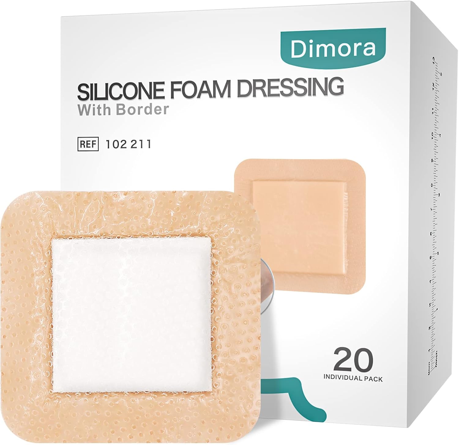 Dimora Silicone Foam Dressing with Border 20 Pack Adhesive 4"x4" Waterproof Wound Dressing Bandage for Wound Carea