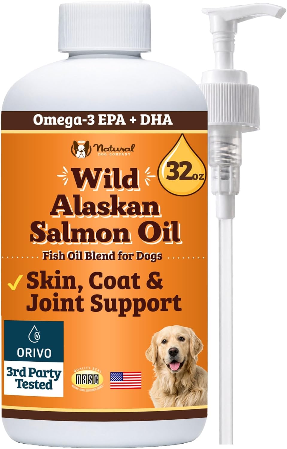 Natural Dog Company Wild Alaskan Salmon Oil for Dogs - EPA & DHA Omega 3 Fish Oil Supplements with Salmon & Pollock Blend for Skin Coat Joints Heart & Immune Support 32 oz