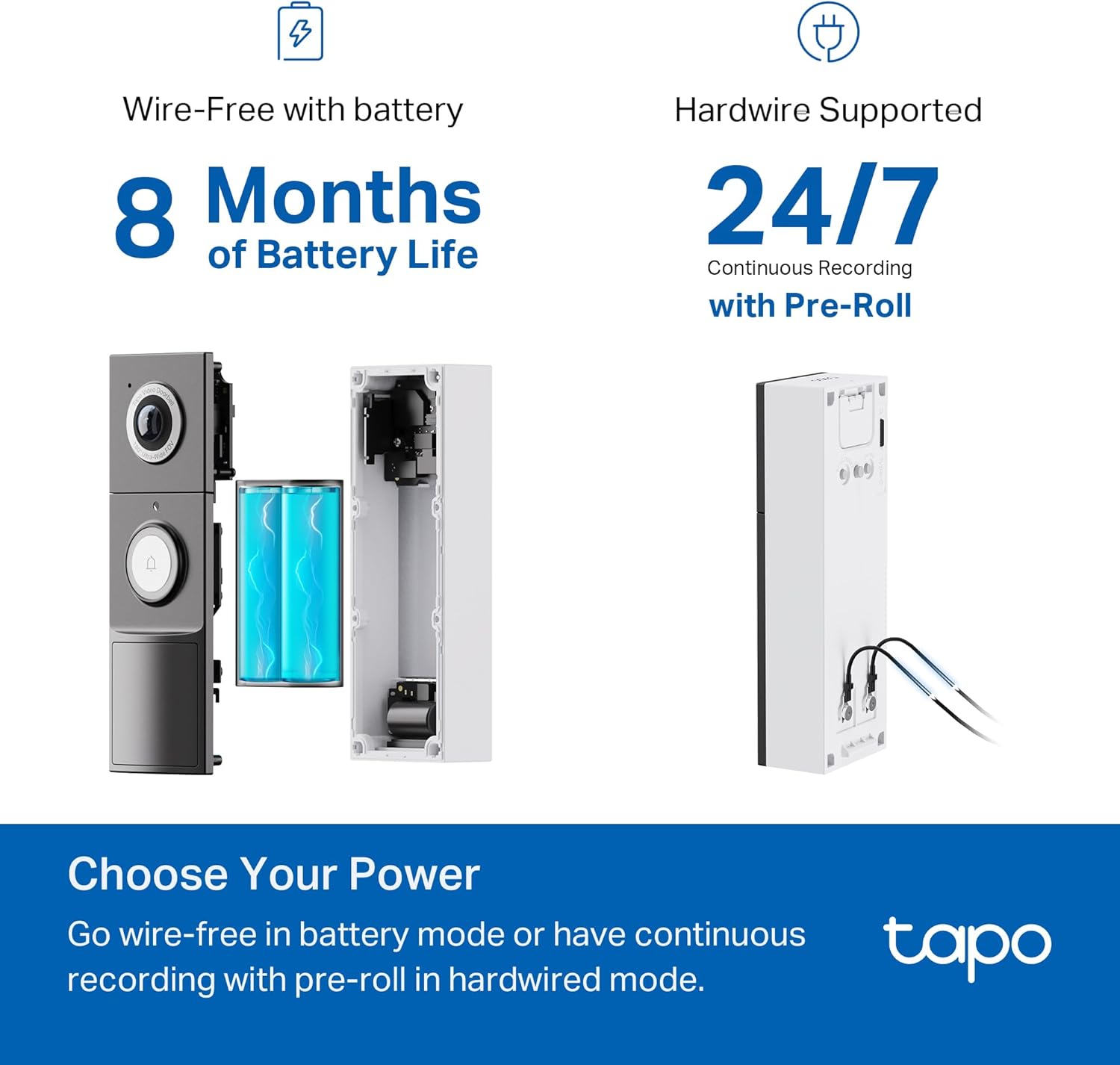 Tapo 2K+ Wired or Battery Powered Smart Video Doorbell with Chime