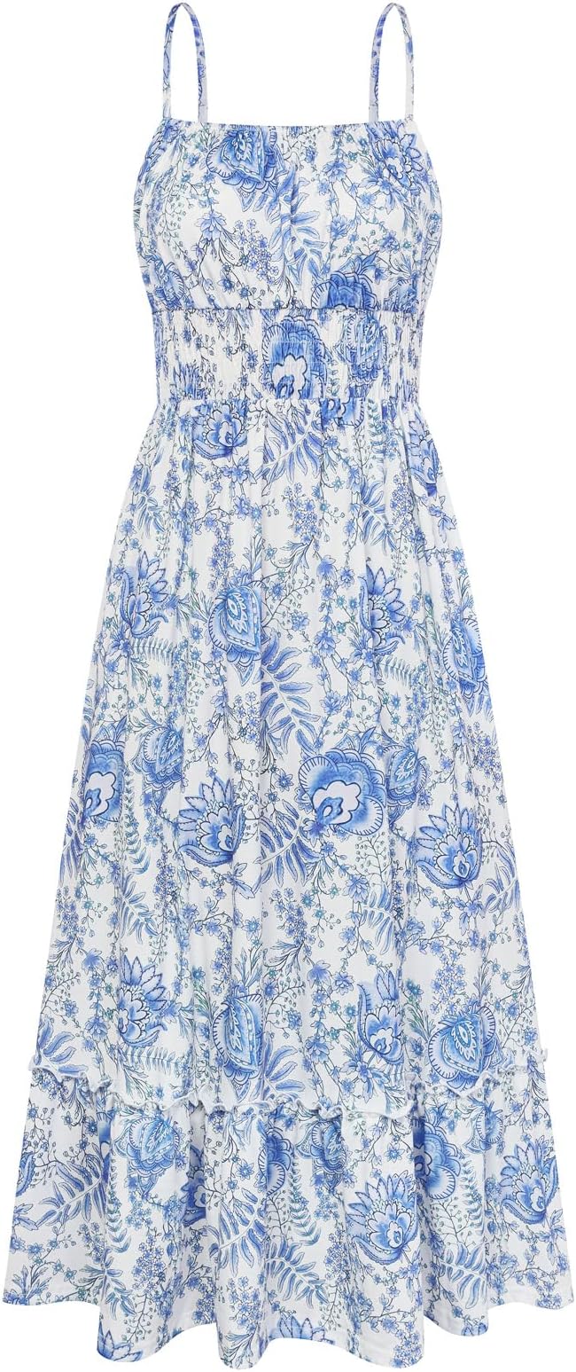 GRACE KARIN Summer Dresses for Women 2026 Vacation Smocked Floral Maxi Dresses Boho Beach Long Sundress Blue White L