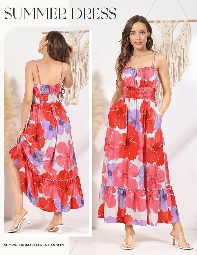 Women's Floral Summer Dress 2025 Spaghetti Strap Sleeveless Ruffle Hem Flowy Boho Maxi Dresses Red Floral S