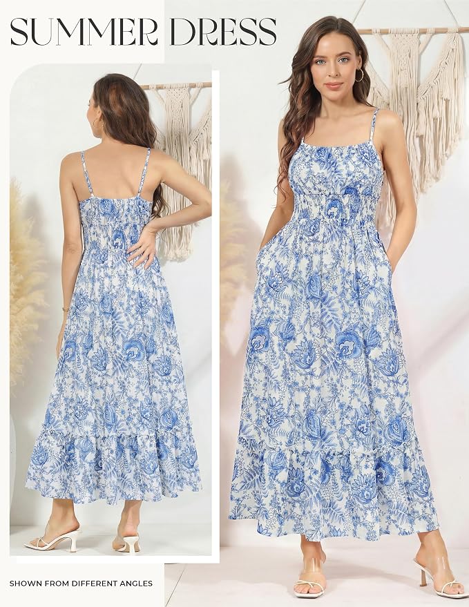 GRACE KARIN Summer Dresses for Women 2026 Vacation Smocked Floral Maxi Dresses Boho Beach Long Sundress Blue White L