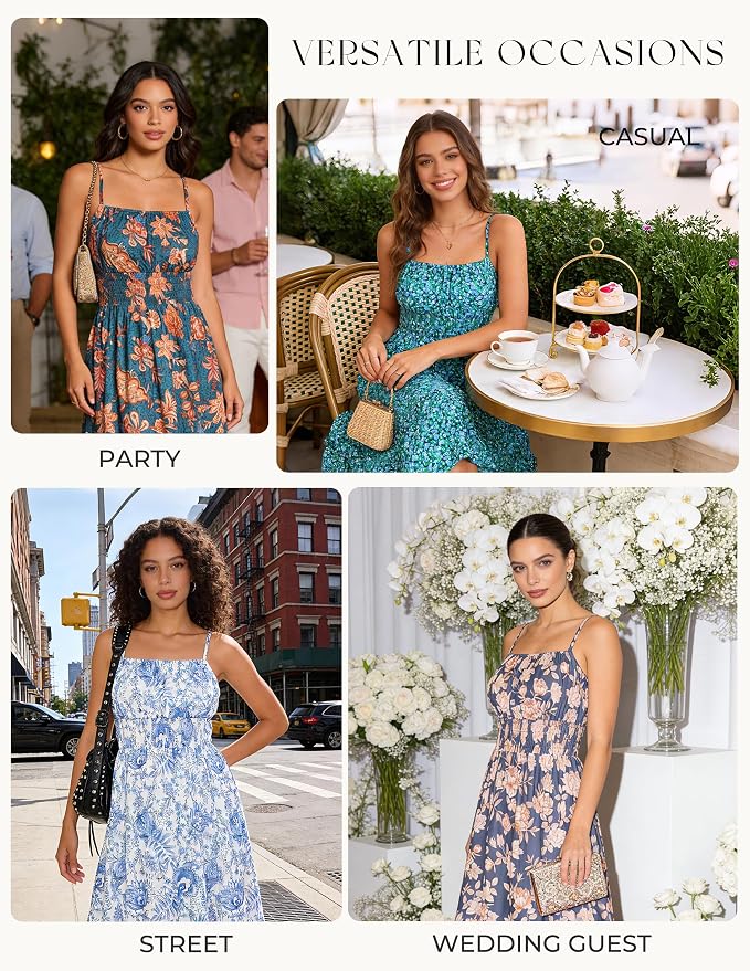 GRACE KARIN Summer Dresses for Women 2026 Vacation Smocked Floral Maxi Dresses Boho Beach Long Sundress Blue White L