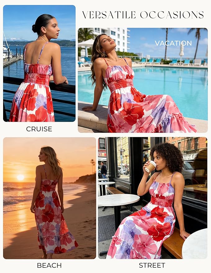 Women's Floral Summer Dress 2025 Spaghetti Strap Sleeveless Ruffle Hem Flowy Boho Maxi Dresses Red Floral S