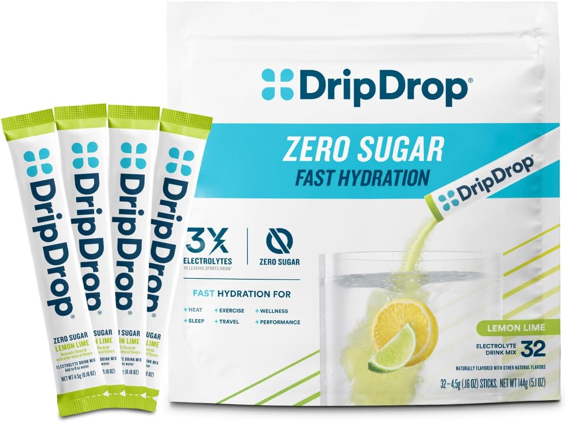 DripDrop Sugar Free Hydration Packets - Zero Lemon Lime - Single Serve Electrolytes Powder Drink Mix - Non-GMO Gluten Free Vegan - 32 Sticks