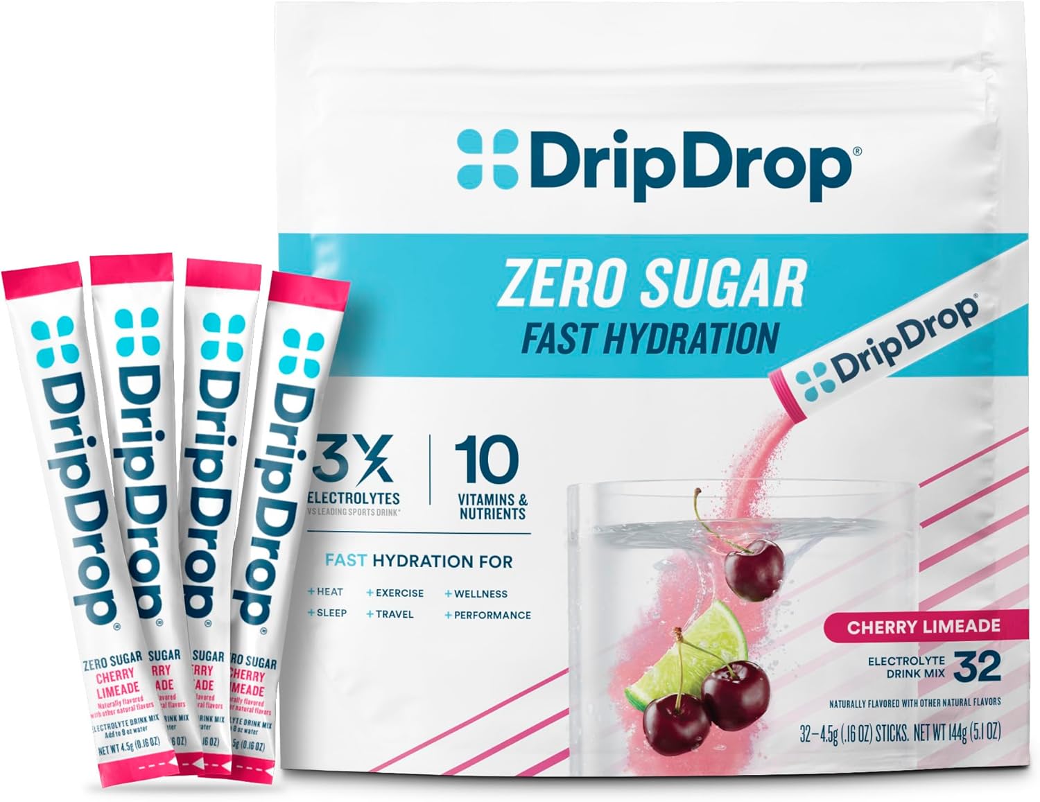 DripDrop Sugar Free Hydration Packets - Zero Cherry Limeade - Single Serve Electrolytes Powder Drink Mix - Non-GMO Gluten Free Vegan - 32 Sticks