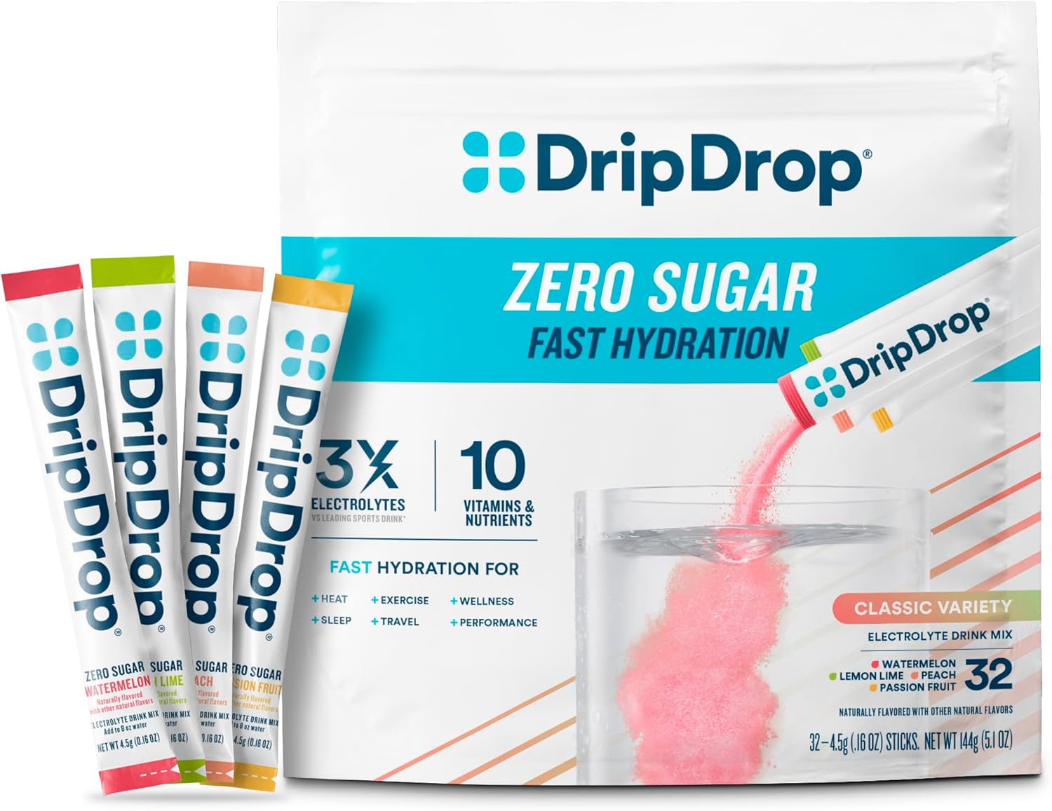 DripDrop Sugar Free Hydration Packets - Zero Classic Variety Pack - Single Serve Electrolytes Powder Drink Mix - Lemon Lime Watermelon Peach Passion Fruit - Non-GMO Gluten Free Vegan - 32 Sticks
