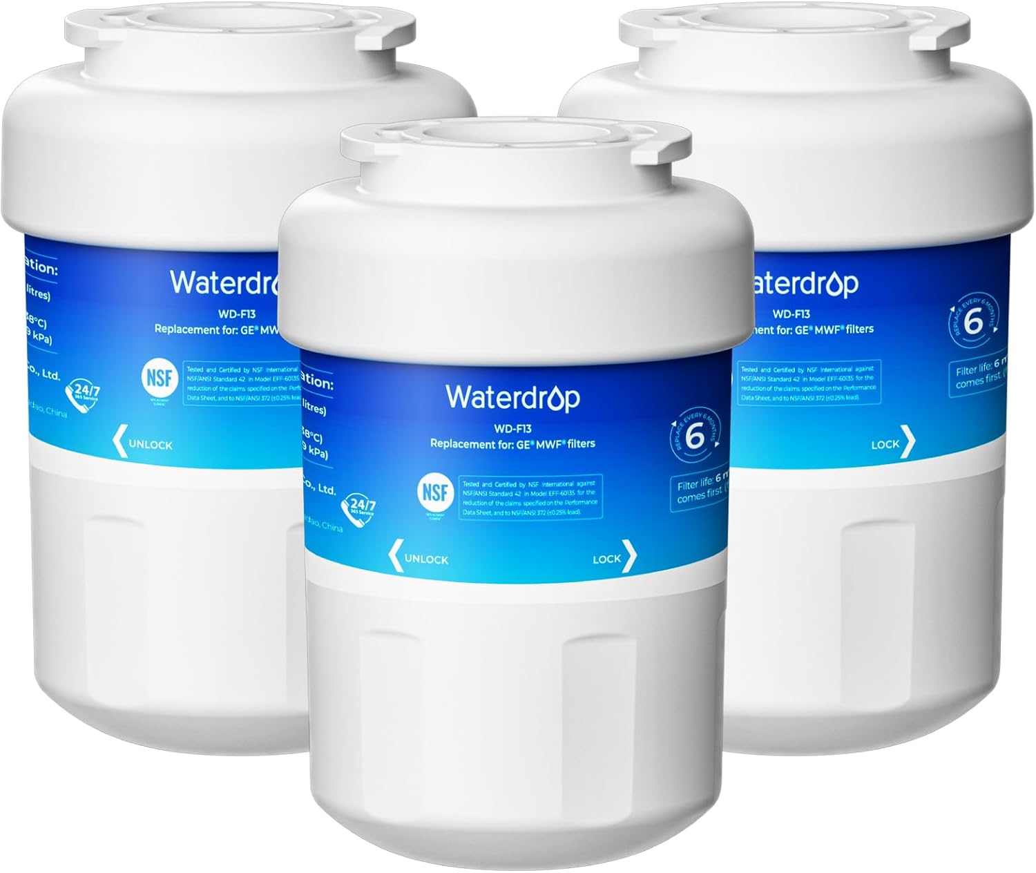 Waterdrop WD-F13 Replacement for GE® MWF®, SmartWater® MWFP, MWFINT, MWFA, GWF, HDX FMG-1, Kenmore® 9991, GSE25GSHECSS, WFC1201 Refrigerator Water Filter, 3 Pack