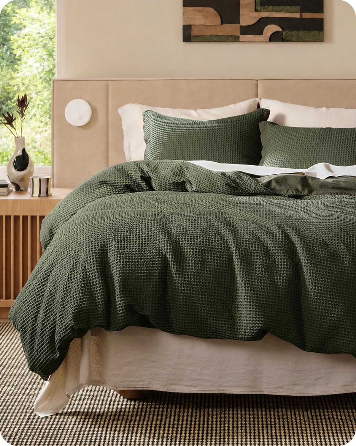 Bedsure Cotton Duvet Cover Queen - 100% Cotton Waffle Weave Olive Green Duvet Cover Queen Size PureWoven Breathable Bedding Set for All Season 3 Pieces 90"x90"