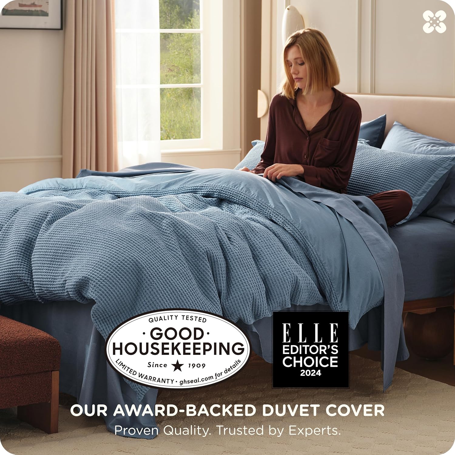 Bedsure Cotton Duvet Cover King - 100% Cotton Waffle Weave Grey Blue Duvet Cover King Size PureWoven Breathable Bedding Set for All Season 3 Pieces 104"x90"