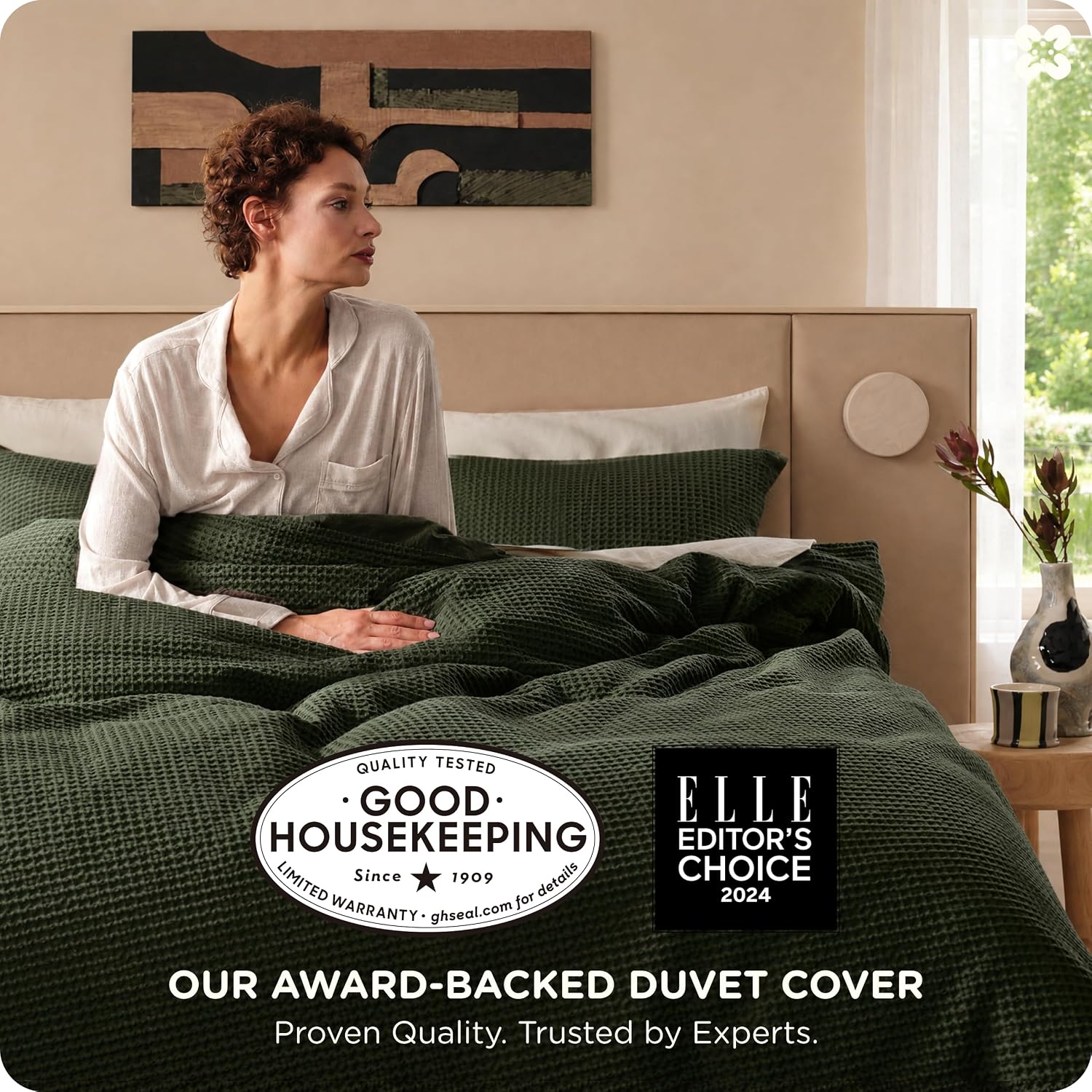 Bedsure Cotton Duvet Cover Queen - 100% Cotton Waffle Weave Olive Green Duvet Cover Queen Size PureWoven Breathable Bedding Set for All Season 3 Pieces 90"x90"