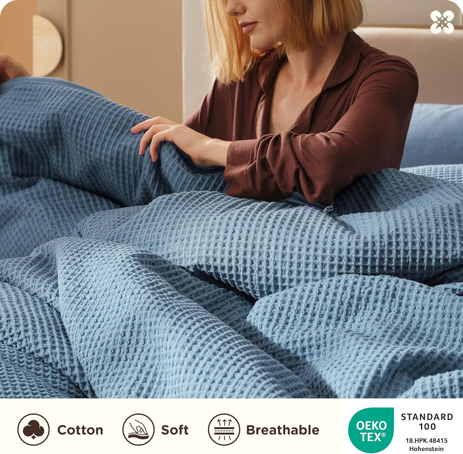 Bedsure Cotton Duvet Cover King - 100% Cotton Waffle Weave Grey Blue Duvet Cover King Size PureWoven Breathable Bedding Set for All Season 3 Pieces 104"x90"